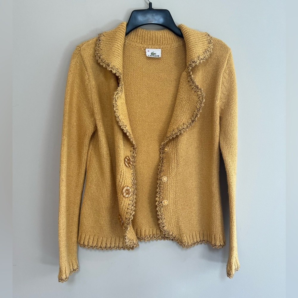Lacoste Hungarian Fray Fringe Linen Cotton Vintage Cardigan, Mustard Yellow, M - Picture 3 of 9